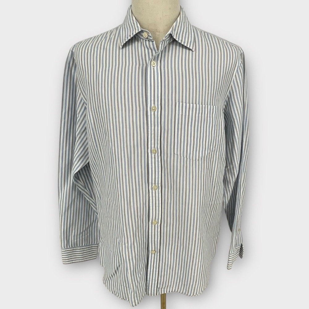 Banana Republic Mens Classic Stripe Linen Cotton Button Down Shirt XL Blue Taupe - Picture 1 of 9
